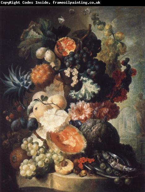 Jan van Os Fruit,Flwers and a Fish